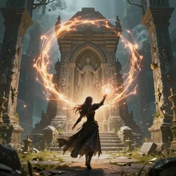realistic detail zoomed out, epic girl mage casting enormous spell, gothic clothes, long hair, digital art, concept art, best of 2023 on artstation style, simulation, structure, fine, wide angle, natural light, volumetric, behind is a tomb of great ancestors