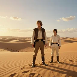 beautiful wide shot tatooine landscape, obi wan kenobi, Luke skywalker, Star Wars a new hope 1977, studio ghibli, Miyazaki, Greg rutkowski, Jean girard, Moebius , animation, golden hour, highly detailed, 70mm