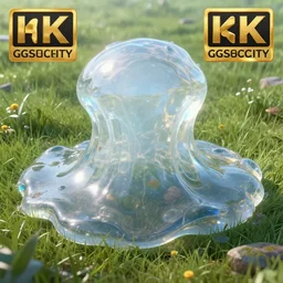 masterpiece, render of one huge fantasy transparent translucent water - slime in the meadow. fantasy, photorealism, octane render, 8 k, cgsociety, artstation contest winner, volumetric lighting, translucent raytracing, high details