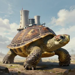 Highly detailed beautiful digital painting of giant fantasy turtle with nuclear power plant on it's back+shell, Trending on Artstation HQ, deviantart, pinterest, HD wallpaper, 4K, UHD, High quality, hyperdetailed