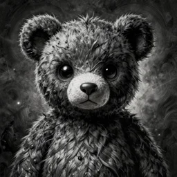 dark art cartoon grunge drawing of a teddy bear with black holes as eyes by tim burton - loony toons style, horror theme, detailed, elegant, intricate, trending on art station