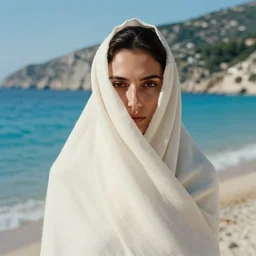 closeup portrait of a woman wrapped in bio fabric, standing on shore of zakynthos greece, color photograph, by vincent desiderio, canon eos c 3 0 0, ƒ 1. 8, 3 5 mm, 8 k, medium - format print