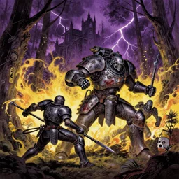 composition gothic and futuristic in forest, action with run and fight, warhammer, cyber japan armor, more scars, fire storm, thunderstorm, purple and yellow, the middle ages, highly detailed, artstation, moebius, jugendstil and classic japanese print, art rene magritte and robert mccall