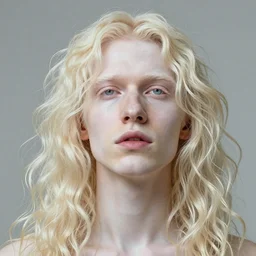 prompt portrait of a beautiful androgynous blond man, albino pale white skin and long fluffy curly blond hair, Center parted curtain bangs, close up view, head and upper body, looking upward, fullface, light from above, by Peter Mohrbacher, trending on artstation, 8k