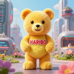 portrait of haribo bear in future city, color and shape focus, central composition, natural light, bloom, puff, by simon stalenhag and rene magrit