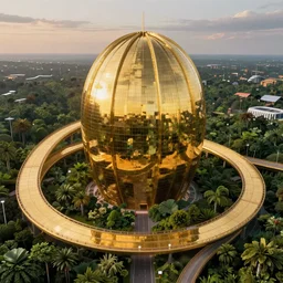 futuristic shinny golden mirror building camouflaged in an jungle landscape of a solarpunk world by frank gerhy and oscar niemeyer, shinny golden roads and bridges designed by zaha hadid, movie poster, spiral golden ratio, at dusk lighting, evening lighting, reflections, film still, hyper realistic, octane render redshift arnold materials unreal engine, 8 k post production, hyper detailed