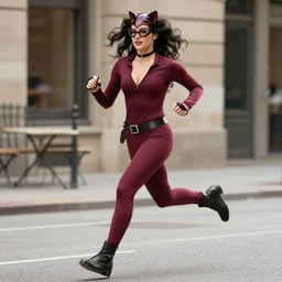 run burgundy in a skin tight cat woman outfit