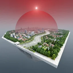 colossal platform of white marble with a tilted part on which river flow and artificial forest grow, the platform hangs in an empty space, construction is covered by a reddish dome of an artificial atmosphere and illuminated by a compact artificial star, on the platform are cities and settlements, the higher on the river the more rich and developed settlements, theo prins