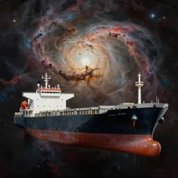 a beautiful painting of a cargo ship in space near a nebula