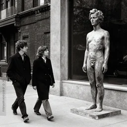 a couple of people that are walking down a sidewalk, a surrealist sculpture by Diane Arbus, tumblr, transgressive art, surrealist, criterion collection, photocopy