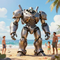 mega mech at the beach with his friends, realistic, 8 k, extremely detailed, cgi, trending on artstation, hyper - realistic render, by greg rutkowski