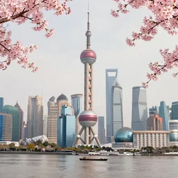 futuristic shanghai full of sakura, chinese painting, highly detailed