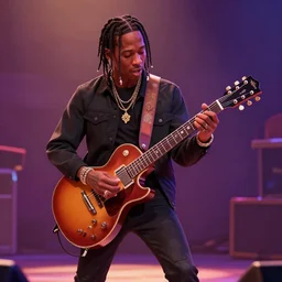 Travis Scott playing on guitar at the stage, by studio Pixar,