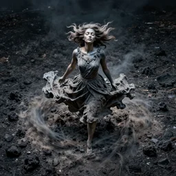 The kinetic sculpture depicts a woman standing in a field of ashes, her dress billowing in the wind. Her hair is wild and her eyes are closed, and she seems to be in a trance-like state. The kinetic sculpture is dark and atmospheric, and the ashes in the field seem to be almost alive, swirling around. overhead view by Geof Darrow composed, incredible