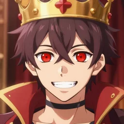 man with red eyes and a crown grinning, anime