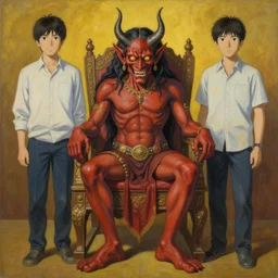 a beautiful painting of a demon sitting on top of a chair, a high detailed painting by ram chandra shukla, ali akbar sadeghi, makoto shinkai, pixiv contest winner, bengal school of art, symmetrical, coherent, maximalist, trending on artstation