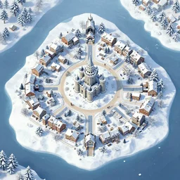 small winter town of a top down game, one central castle, on an island, no ui