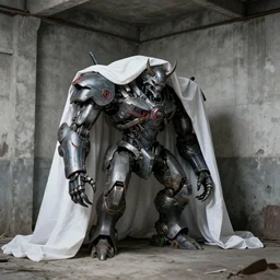 evil cyborg mecha demon partly hidden beneath in white cloth dust sheet in the far corner of an old abandoned concrete warehouse, hyper detailed, hyper realistic, 8K phot real