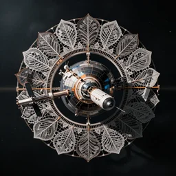orbital space station, made of intricate decorative lace leaf skeleton, shot from a drone, in the style of the dutch masters and gregory crewdson, dark and moody