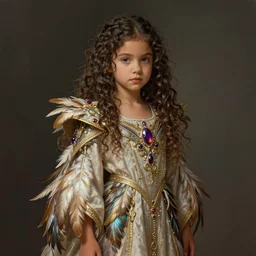 8 5 mm f 1. 8 portrait of a girl that is a mixture between olivia culpo and andria a lima, she is about 2 5 years old, long curly hair, she is wearing a ornate elven robe with feathers by iris van herpen, highly detailed, digital painting, artstation, concept art, smooth, sharp foccus ilustration, artstation hq