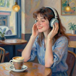 a young woman smiling while listening to music in a coffee shop, impressionist style