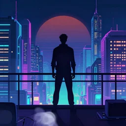 silhouette of man standing on balcony, cyberpunk art by james gilleard, cgsociety, retrofuturism, synthwave, cityscape, 2 d game art