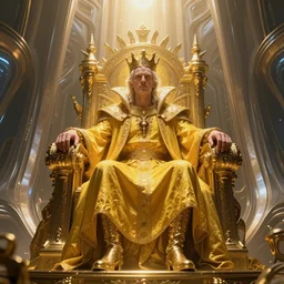The king in yellow sits on a throne in Carcosa, by Marc simonetti, fantasy Lovecraft art, Zaha Hadid, detailed futuristic architecture, Maya render, raytracing, epic cinematography, in the style of Lord of the Rings, Weta Digital, Wētā FX