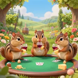 three chipmunks sitting in a beautiful garden at a winery in heaven, tasting wine and eating cheese, while playing poker, digital art animation, highly detailed, elegant, 4 k