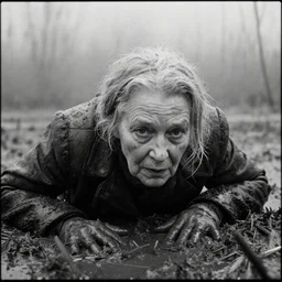 1 9 6 0 s movie still close - up of a frozen elder woman crawling in a swamp, cinestill 8 0 0 t 3 5 mm b & w, heavy grain, high quality, high detail, mud, foggy, by tarkovsky