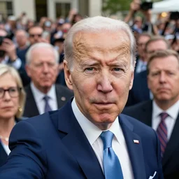 joe biden taking a selfie whilest looking at the camera with a confused glance and a crowd of people behind him.