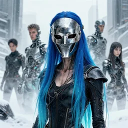 highly detailed portrait of wastelander long blue hair metalic samurai mask thin lady, stray wiring by atey ghailan, james gilleard, by joe fenton, by greg rutkowski, by greg tocchini, by kaethe butcher, 4 k resolution, gradient blue, cyan, black and white color scheme!!! ( ( snowy glaciated robotic dystopian city background ) )