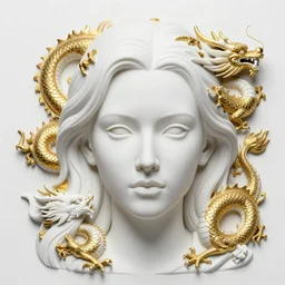 full head and shoulders, realistic bjork porcelain sculpture, smooth, delicate facial features, white eyes, white lashes, detailed white, lots of 3 d gold chinese dragons anatomical, all white features on a white background, by daniel arsham and james jean