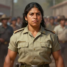 epic portrait of muscular rigoberta menchu wearing short sleeved uniform explaining, guatemla, crowd for background, detailed, digital painting, artstation, concept art, donato giancola, joseph christian leyendecker, wlop, boris vallejo, breathtaking, high details, extremely detailed, beautiful, establishing shot, artistic, hyperrealistic, beautiful face, octane render