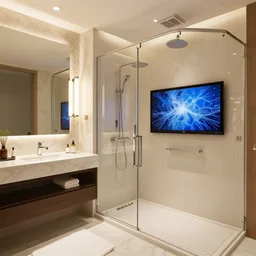a luxury bathroom with a tv screen at the shower, designed by jeremiah brent