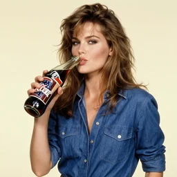 a 1980s supermodel holding a coke bottle in her left hand about ready to take a sip