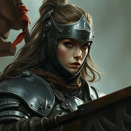 intricate portrait of a female knight in battle, by greg rutkowski, 4 k, artstation, intense