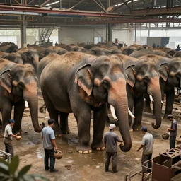 digital art of workers working on a gigantic elephant factory with elephants leaving the factory, art station