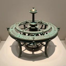 a martian artifact of a mechanical astrological machine in a museum with a placard, bronze, old, alien, verdigris, mechanical