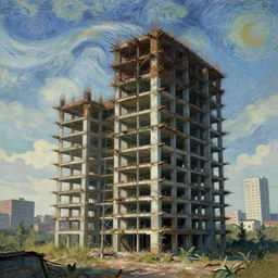 a beautiful photorealistic illustration of unfinished building nature monolith architecture urbex city industrial architecture abandoned building by vincent van gogh, tron cosmic, archdaily, wallpaper, highly detailed, trending on artstation.