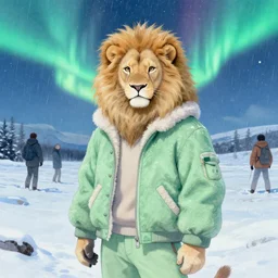 aesthetic portrait commission of a albino male furry anthro lion in the north pole with the northern lights visible in the sky and the background while wearing a cute green jacket cozy soft pastel winter outfit, sleet rain, winter atmosphere. character design by charlie bowater, ross tran, artgerm, and makoto shinkai, detailed, inked, 2 0 2 1 award winning painting