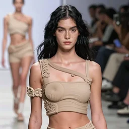 olivia wearing an outfit made from pottery, at new york fashion week, attractive sporty physique, lush black hair, freckles, pale skin, photo by greg rutkowski, stage lighting, soft colors, female beauty, intricate detail, elegance, 3 5 mm, depth of field, masterpiece