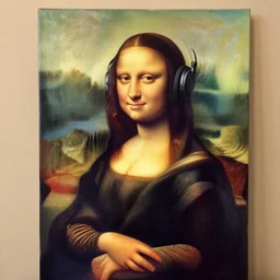 painting of negative no not mona lisa portrait showing her wearing headphones