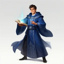 character concept portrait of happy santiago cabrera as a wizard enchanting a spell, a floating spell book in the center, intricate silver-embroidered indigo robes, elegant, digital painting, concept art, smooth, sharp focus, illustration, from Metal Gear, by Ruan Jia and Mandy Jurgens and William-Adolphe Bouguereau, Artgerm