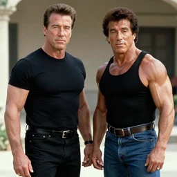 arnold schwarzenegger and sylvester stallone in contra, 1 9 8 7, movie still