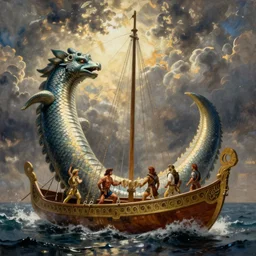 Scylla and Charybdis menace a Trireme, Jason and the Argo by Jessica Rossier and HR Giger cinematic concept painting