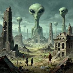Ancient alien landscape full of broken buildings, Les Edwards, Zdzislaw Beksinski, Carl Gustav Carus, John Harris, Michal Karcz, Zhang Kechun, Mikko Lagerstedt, Scott Listfield, Steven Outram, Jessica Rossier