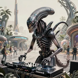 Concept art of Xenomorph playing DJ in Tomorrowland. Lots of humans in landscape. Intricate. Elegant details. 4K