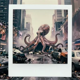 giant octopus standing in postapocalyptic abandoned destroyed times square, wrecked buildings, destroyed flipped wrecked cars, polaroid photo, vintage, foggy, 1 9 8 5, neutral colors, rainy day, color photo by shawn heinrichs by brian skerry by gregory crewdson