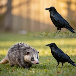 two - shot photograph of an virginia opossum and a beautiful crow in a backyard, golden hour, national geographic style, 5 0 mm