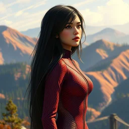 burgundy snakeskin bodysuit, girl, long black hair, sunny hills biome. highly detailed, digital painting, watercolor, soviet realism, engraving, artstation, concept art, smooth, sharp focus, vivid grunge, manga, illustration, unreal engine 5, 8 k, art by bilibin and kilian eng and kuvshinov and malevich and mucha